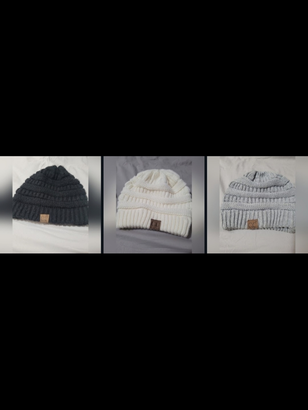 CC Boutique Triple-Pack Ribbed Knit Beanie Set in Black, White, Light Gray